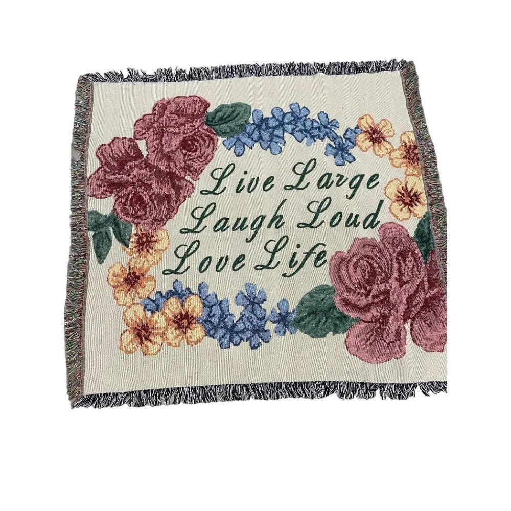 Vintage Live Laugh Love Colorful Floral Tapestry Throw Blanket 50 X 52 - Picture 1 of 12